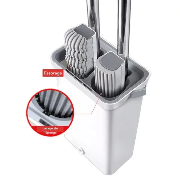 Balai éponge avec seau essoreur, nettoyage facile et hygiénique, sol impeccable carrelage parquet.