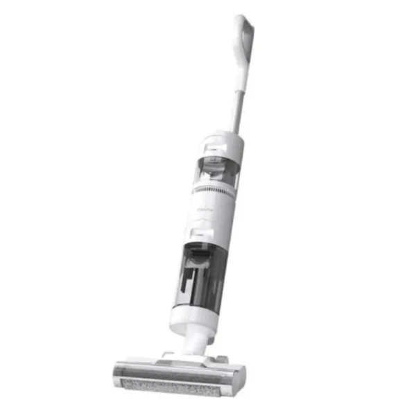 Détail du balai serpillère sans fil Dreame H11 en action, nettoyant des saletés sur un sol en carrelage clair.