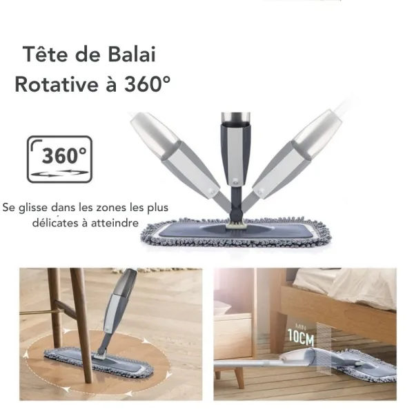 Balai spray microfibre avec réservoir intégré pour nettoyage rapide et efficace des sols.