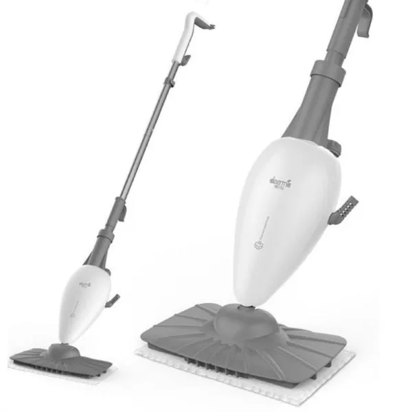 Balai vapeur haute température, vue de côté, buse triangulaire au sol pour nettoyage des coins.