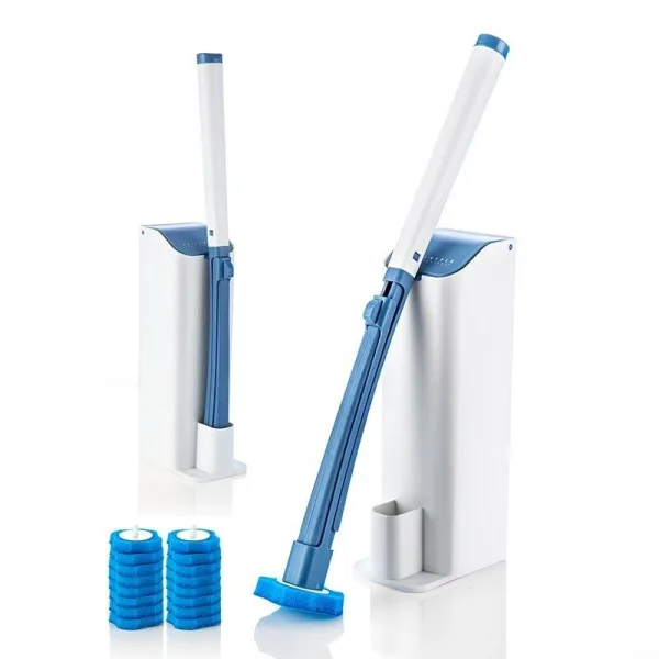 Balai WC avec brosses jetables, système hygiénique pour nettoyer efficacement les toilettes.