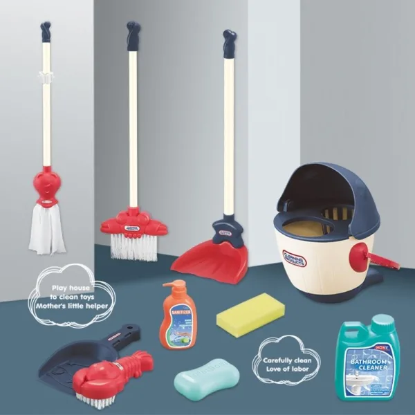 Kit de nettoyage pour enfant coloré avec balai, pelle et seau en plastique.