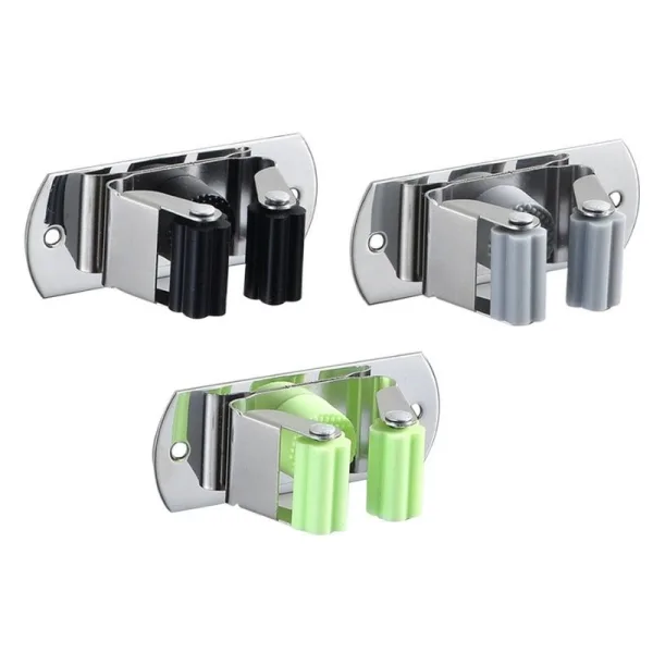 Lot de 4 supports à vis muraux en plastique noir pour balais, mops et outils de jardinage.